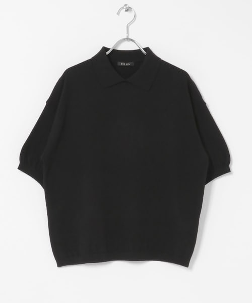 EKAL(エカル)の「ハーフスリーブニットポロシャツ(ニット/セーター・レディース・ブラック/チャコール/グリーン・One)」の1枚目の写真