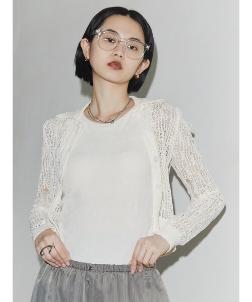 EMODA（エモダ）の「【VEQUM】OPEN WORK KNIT SHIRT（カーディガン/ボレロ・レディース・ホワイト/ブラック/ライトミックス・F）」の3枚目の写真