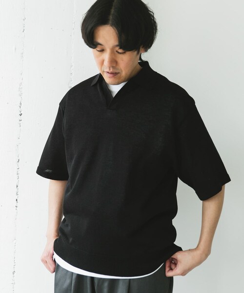 URBAN RESEARCH DOORS（アーバンリサーチドアーズ）の「リネン混ハイゲージ スキッパーニットポロシャツ（ポロシャツ・メンズ・BLACK/BLUE・M/L）」の8枚目の写真