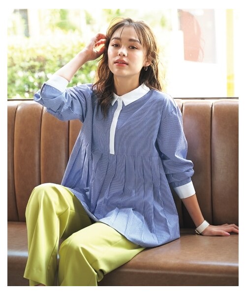 nissen（ニッセン）の「大きいサイズ タックシャツチュニック（シャツ/ブラウス・レディース・ネイビー系/オフホワイト系/マリーゴールド系/黒系/ダークネイビー(無地)/ラベンダー系・L/LL/3L/4L/5L/6L/8L/10L）」の17枚目の写真