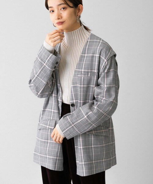 KBF（ケイビーエフ）の「2WAYノーカラージャケット（ノーカラージャケット・レディース・GRAY CHECK/BEIGE/BLUE・one）」の4枚目の写真