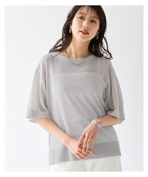 nissen（ニッセン）の「〈大きいサイズ〉【アイスクリーンライト】シアーニット5分袖Tシャツ（接触冷感・毛玉になりにくい・洗濯機で洗える）（ニット/セーター・レディース・黒/ライトグレー/ミント/ラベンダーピンク・L/LL/3L/4L/5L/6L/8L/10L）」の3枚目の写真