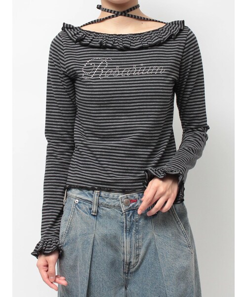 jouetie(ジュエティ)の「ラインストーンフリルトップス(Tシャツ/カットソー・レディース・グレー/ブラック/ピンク・M)」の4枚目の写真