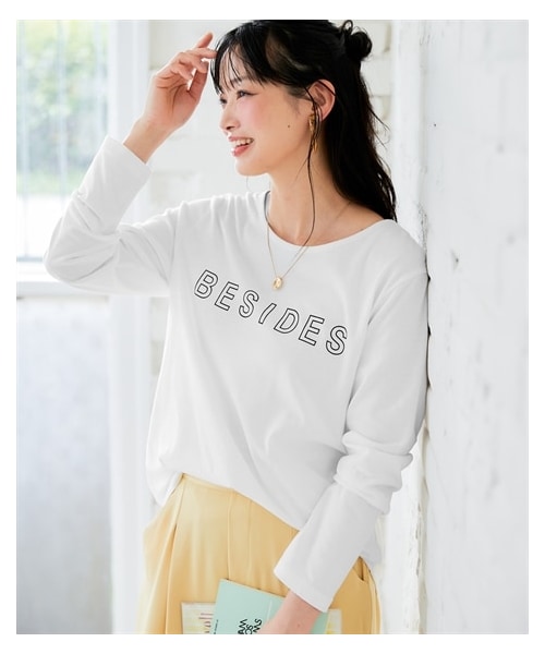 nissen（ニッセン）の「綿１００％長袖プリントTシャツ（ＵＶカット）＜大きいサイズ有＞（Tシャツ/カットソー・レディース・オフホワイト:フレンチロゴ/アイス杢:シンプルロゴ/ライムイエロー:草花/グレージュ:ネコロゴ/黒:ナンバーロゴ/モーブピンク:雑貨ロゴ/オフホワイト:ナンバーロゴ/モカグレー:クールロゴ/黒:フレンチロゴ/アイス杢:フォトねこ/ラズベリーピンク:フレンチ/杢グレー:ネコだらけ/チャコールグレー:袖ロゴ/ボルドー:ロゴ花/ネイビー:ハート/オフホワイト:ブロックロゴ/黒:レタリングロゴ/グレイッシュブルー:ほのぼのネコ/モカベージュ:胸つむネコ/チャコール:アーチロゴ・S/M/L/LL/3L）」の6枚目の写真