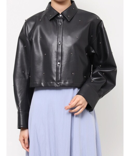 MERCURYDUO（マーキュリーデュオ）の「フェイクレザービジュークロップドジャケット（ライダースジャケット・レディース・オフホワイト/ブラック・S/M）」の7枚目の写真