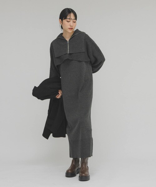 KBF（ケイビーエフ）の「ハーフZIPレイヤードニットワンピース（ワンピース・レディース・BEIGE/CHARCOAL・One）」の6枚目の写真