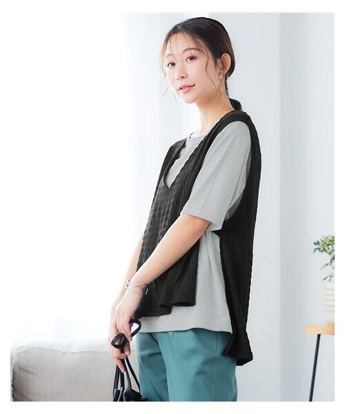 nissen（ニッセン）の「2点セット（ポコポコ素材ベスト＋Tシャツ）＜大きいサイズ有＞（ベスト・レディース・ピスタチオ+オフホワイト/グレー+チャコールグレー/黒+杢グレー・S/M/L/LL/3L）」の11枚目の写真