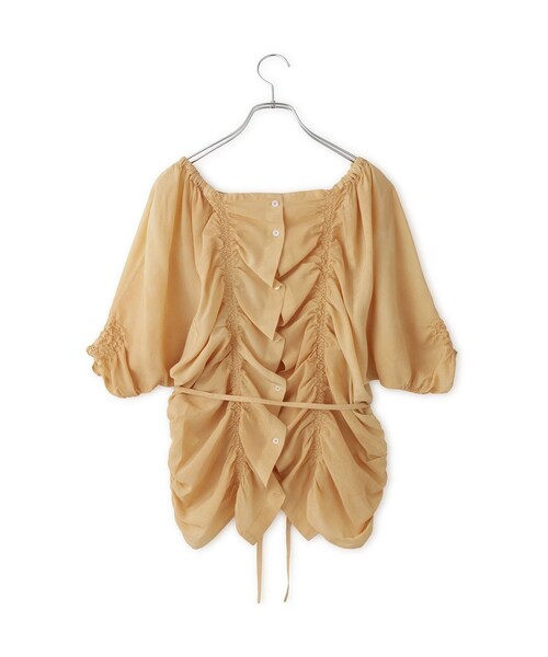 ADAM ET ROPE'(アダムエロペ)の「【J'aDoRe・一部店舗限定】【CURRENTAGE(カレンテージ)】シャーリングトップス(Tシャツ/カットソー・レディース・ベージュ/グリーン・F)」の6枚目の写真