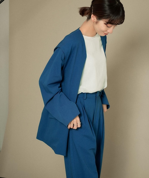 KBF（ケイビーエフ）の「2WAYノーカラージャケット（ノーカラージャケット・レディース・GRAY CHECK/BEIGE/BLUE・one）」の2枚目の写真