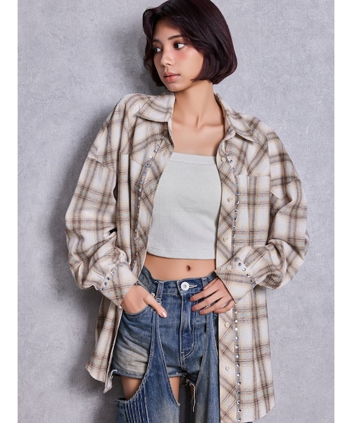 GYDA（ジェイダ）の「bijouチェックシャツ（シャツ/ブラウス・レディース・ピンク/ネイビー/ベージュ・F）」の4枚目の写真
