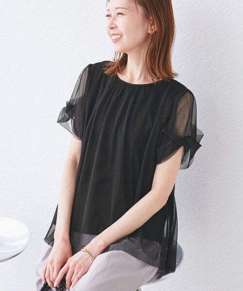 ROPE' PICNIC(ロペピクニック)の「Cutee チュールドッキングツイストスリーブトップス/リンクコーデ(Tシャツ/カットソー・レディース・ブラック/ホワイト/ライトグリーン/ブルー系・38)」の9枚目の写真