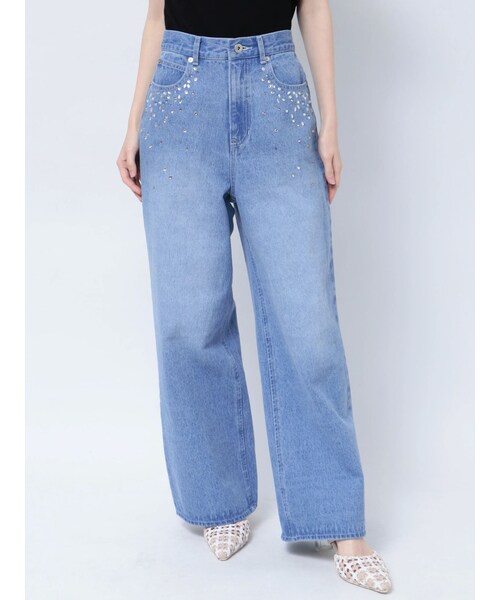 MERCURYDUO（マーキュリーデュオ）の「ビジュー付ハイウエストデニム（デニムパンツ・レディース・ブルー/インディゴ・S/M）」の6枚目の写真