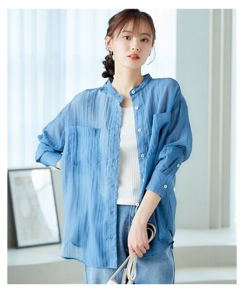 nissen（ニッセン）の「大きいサイズ　バンドカラーシアーシャツ　miclat（シャツ/ブラウス・レディース・ホワイト/ブルー/ピンク・L/LL/3L/4L/5L/6L/8L/10L）」の2枚目の写真