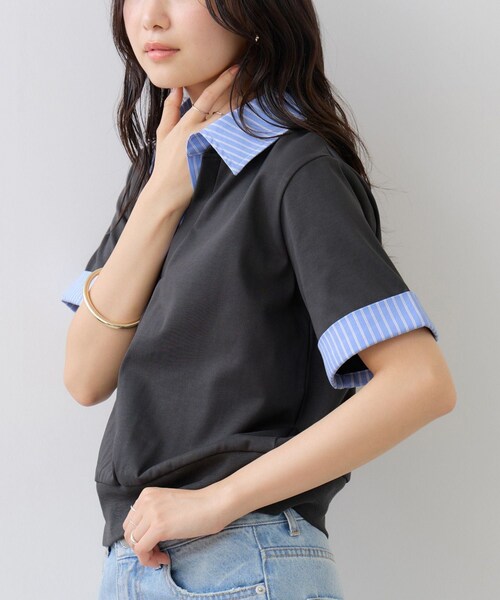 VIS(ビス)の「ICE BEAUTY ドッキング衿ハーフスリーブプルオーバー/UVケア・接触冷感・汗染み防止(Tシャツ/カットソー・レディース・チャコール/ライトグレー/オフホワイト・F)」の7枚目の写真
