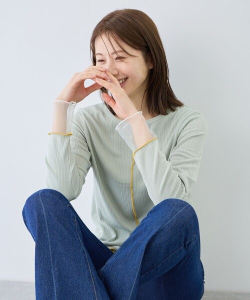 Jayro（ジャイロ）の「袖シアーメローカットソー（Tシャツ/カットソー・レディース・ブラック系/ホワイト系/ライトグリーン/ピンク・F）」の5枚目の写真