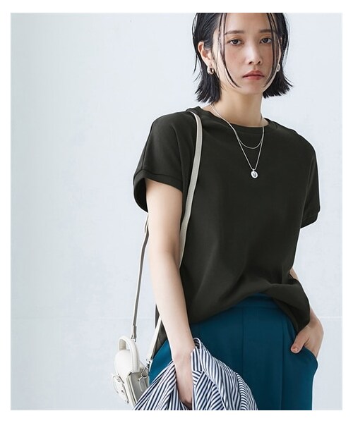 nissen（ニッセン）の「ＵＶカット綿１００％フライス素材フレンチスリーブＴシャツ（Tシャツ/カットソー・レディース・オフホワイト/黒/ダスティ―ピンク/ブルー/ディープグリーン/ブラッドオレンジ/カーキグレー/グレージュ/ローズ/ラベンダー・S/M/L/LL/3L）」の20枚目の写真