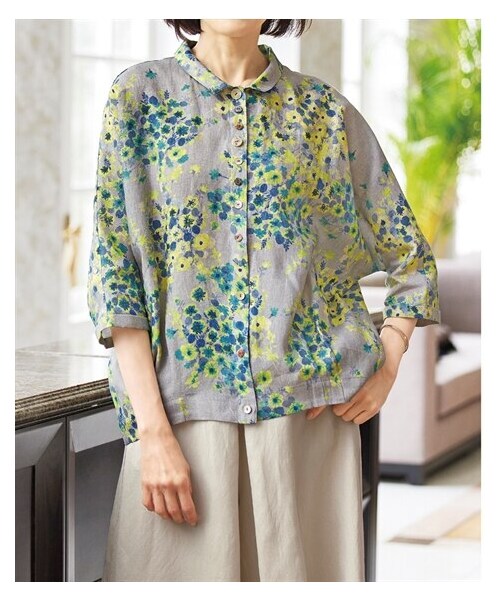 麻と絹のコラボブラウス 23ss 美品 ダーマコレクション シャツ ブラウス 麻 絹 シアー M L