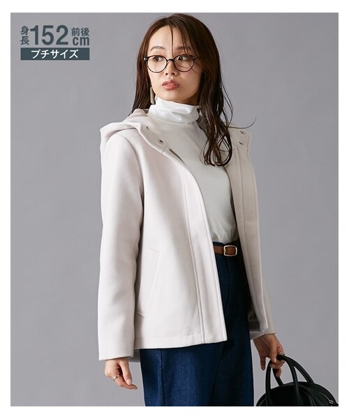 nissen（ニッセン）の「小さいサイズ　【軽やかストレッチ】ウール調ショート丈フーデッドコート（吸湿発熱中綿使用）　低身長さん・小柄女性（ジャケット/アウター・レディース・グレージュ/ブラック/サックス/モカ・PSS/PS）」の9枚目の写真