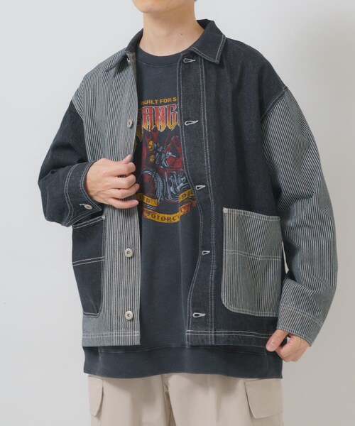 ITEMS URBANRESEARCH（アイテムズ アーバンリサーチ）の「ヒッコリー×デニム切替ワークジャケット（デニムジャケット・メンズ・BLK/NVY・M/L）」の6枚目の写真