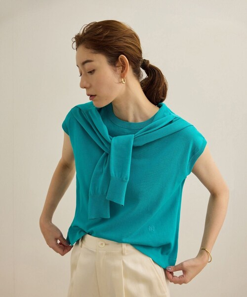 ROPE'(ロペ)の「【洗える】オーガニックコットンハイゲージフレンチスリーブニット(ニット/セーター・レディース・ホワイト/ネイビー/ターコイズ・F)」の3枚目の写真