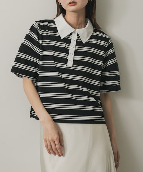 SENSE OF PLACE by URBAN RESEARCH（センスオブプレイスバイアーバンリサーチ）の「マルチボーダーカットポロシャツ（ポロシャツ・レディース・BLACK/ORANGE/WHITE・one）」の2枚目の写真