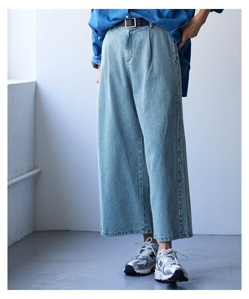 nissen（ニッセン）の「＜大きいサイズ＞綿１００％アンクル丈デニムワイドパンツ（ゆったりヒップ）（スウェットパンツ・レディース・ブリーチ/インディゴブルー/オーバーダイブラウン・LL/3L/4L/5L/6L/8L/10L）」の6枚目の写真