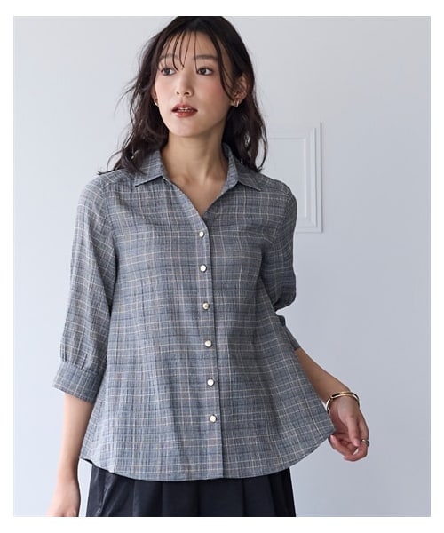 nissen（ニッセン）の「＜大きいサイズ＞シワ加工７分袖お気軽レギュラーシャツ（シャツ/ブラウス・レディース・アイボリーチェック/エメラルドブルーチェック/赤系チェック/千鳥格子/イエローチェック・L/LL/3L/4L/5L/6L/8L/10L）」の5枚目の写真