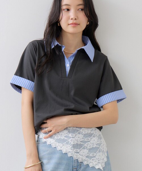 VIS(ビス)の「ICE BEAUTY ドッキング衿ハーフスリーブプルオーバー/UVケア・接触冷感・汗染み防止(Tシャツ/カットソー・レディース・チャコール/ライトグレー/オフホワイト・F)」の6枚目の写真