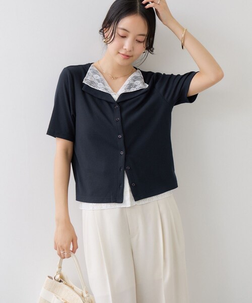 VIS(ビス)の「ドット&無地 レースドッキングレイヤード風リブカットソー(Tシャツ/カットソー・レディース・オフホワイト/ネイビー/サックス・F)」の17枚目の写真