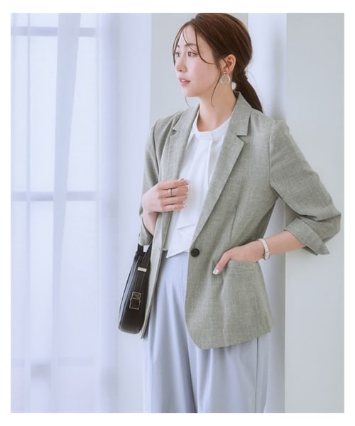 nissen（ニッセン）の「洗える麻調合繊７分袖ストレッチテーラードジャケット（接触冷感・しわになりにくい・ストレッチ・UVカット）<大きいサイズ有>（ジャケット/アウター・レディース・ライトグレー系/ベージュ系/ネイビー系/ネイビーブルー系・S/M/L/LL/3L/4L/5L/6L）」の9枚目の写真