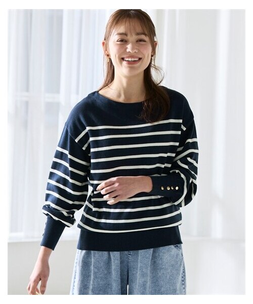 nissen（ニッセン）の「＜大きいサイズ＞ゆるシルエット綿混ボーダーニットプルオーバー（ニット/セーター・レディース・ネイビー×オフホワイト/オフホワイト×黒・L~LL/3L~4L/5L~6L/8L/10L）」の5枚目の写真