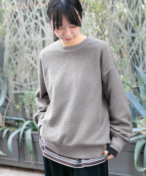 EKAL（エカル）の「パイル編みクルーニット（ニット/セーター・レディース・グレージュ/ネイビー・One）」の7枚目の写真