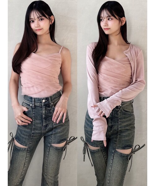 RESEXXY（リゼクシー）の「チュールドッキングアンサンブルトップス（カーディガン/ボレロ・レディース・ホワイト/チャコールグレー/ブラック/ピンク・F）」の4枚目の写真