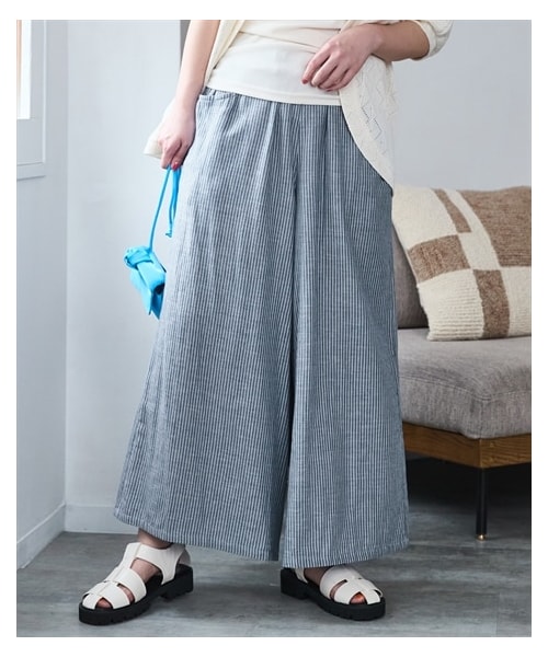 nissen（ニッセン）の「＜大きいサイズ＞綿１００％ダブルガーゼガウチョパンツ（ゆったりヒップ）（パンツ・レディース・ギンガムチェック/黒/ネイビーストライプ・L/LL/3L/4L/5L/6L/8L/10L）」の9枚目の写真