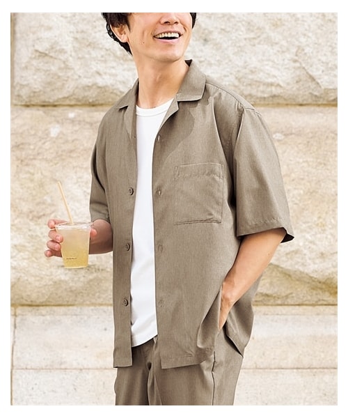 nissen（ニッセン）の「5分袖シャツ　薄手素材（セットアップ可能）（シャツ/ブラウス・メンズ・ブラウン/黒・M/L/LL/3L/4L/5L/6L/8L/10L）」の2枚目の写真