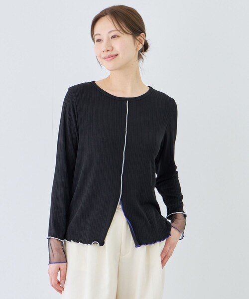 Jayro（ジャイロ）の「袖シアーメローカットソー（Tシャツ/カットソー・レディース・ブラック系/ホワイト系/ライトグリーン/ピンク・F）」の3枚目の写真