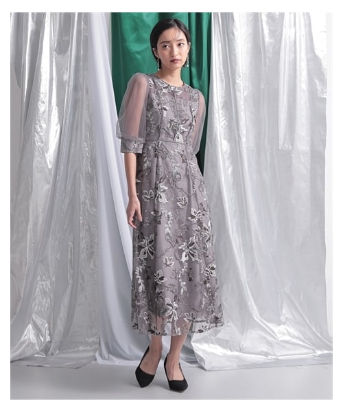 グレー　刺繍入りシースルーロングドレス　ニッセン XL nissen（ニッセン）の「【結婚式・パーティー・オケージョンドレス