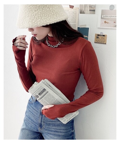 nissen（ニッセン）の「ハイネック　指穴付リブカットソー（ニット/セーター・レディース・黒/杢グレー/レンガ/ブルー・M/L/LL）」の13枚目の写真