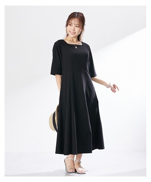 nissen（ニッセン）の「【大きい胸専用】あんなさんコラボカットソーフレンチ袖バックシャンロングワンピース(ポケット付）（ワンピース・レディース・ブラック/シーブルー・FM/FL/FLL）」の7枚目の写真