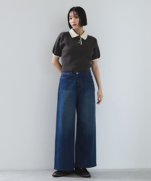 VIS（ビス）の「ダブルカラーポロトップス（ポロシャツ・レディース・チャコール/キナリ/ブラウン・F）」の5枚目の写真