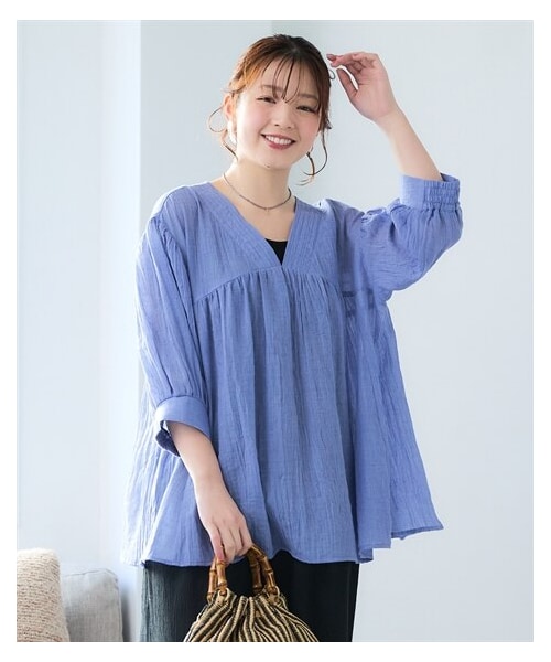 nissen（ニッセン）の「＜大きいサイズ＞シングルガーゼ７分袖チュニックブラウス（シャツ/ブラウス・レディース・グレージュ/パープルブルー/グリーン/ピンク/オレンジ/カーキ・L/LL/3L/4L/5L/6L/8L/10L）」の22枚目の写真