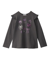 nissen | 綿１００％肩フリルとリボン使いプリントTシャツ（女の子）(Tシャツ/カットソー)