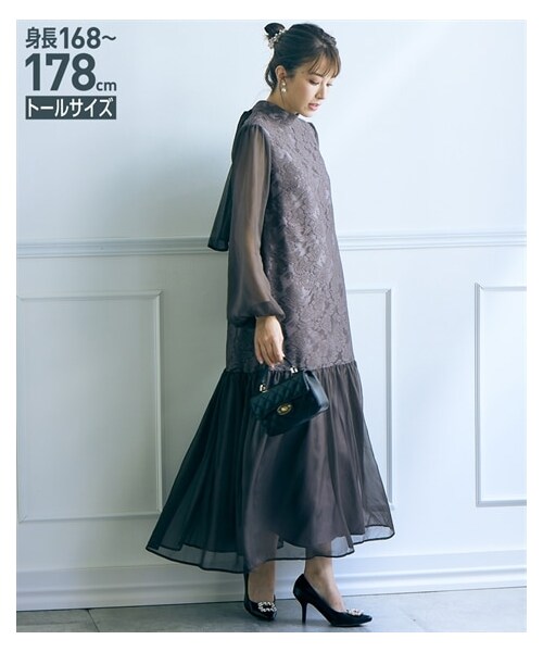 高身長　【結婚式・パーティードレス】　ジャガードレース×シフォン楊柳マキシワンピース（トールサイズ）