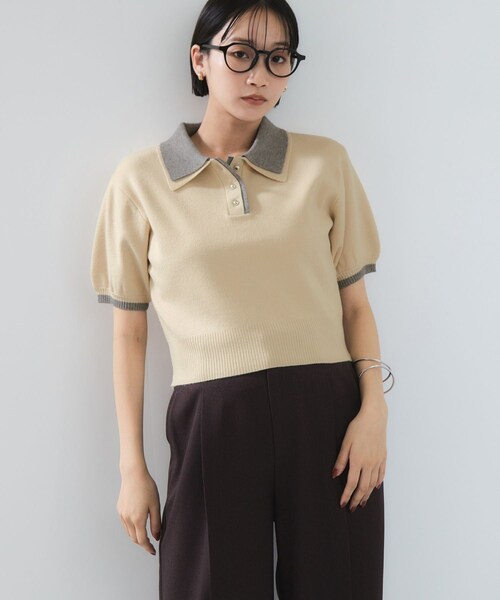 VIS（ビス）の「ダブルカラーポロトップス（ポロシャツ・レディース・チャコール/キナリ/ブラウン・F）」の10枚目の写真