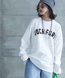 GEVS. | 大きいサイズ綿100％ロゴパッチワーク刺しゅうロングスリーブＴシャツGEVS.(Tシャツ/カットソー)