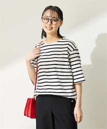 nissen | 大きいサイズ　綿100％素材ルーズシルエットボーダーバスク５分袖Ｔシャツ(Tシャツ/カットソー)