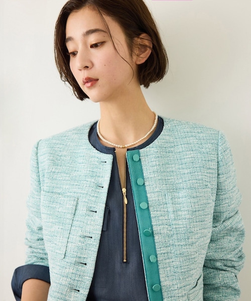 ROPE'(ロペ)の「ツイードノーカラージャケット(ノーカラージャケット・レディース・ブラック系/ターコイズ・36/38)」の4枚目の写真