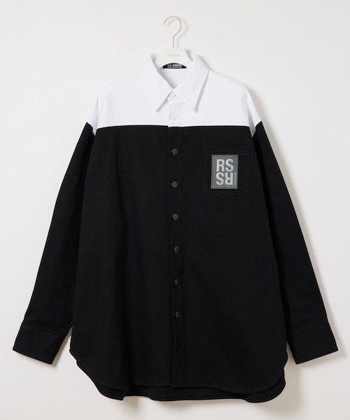 MENS【RAF SIMONS】Oversized bicolor denim shirt with R pin in back