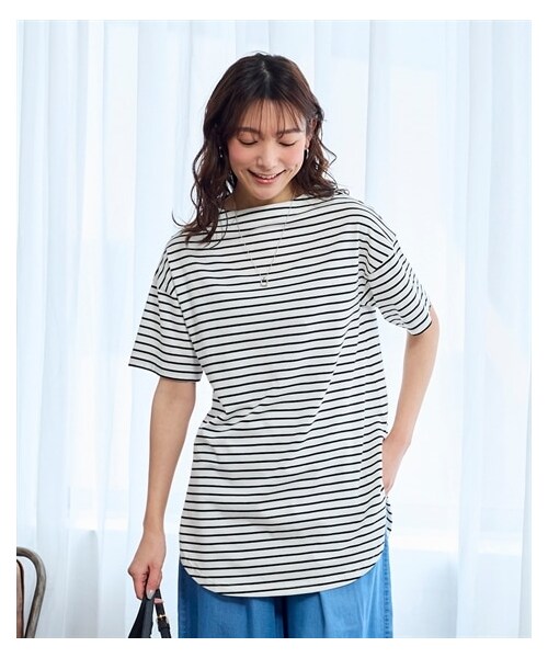 nissen（ニッセン）の「大きいサイズ ひんやりUSAコットン１００％ゆるシルエットモックネックチュニック（接触冷感・毛玉防止・UVカット）（チュニック・レディース・ソフトカーキ/オフホワイト系ボーダー/チャコールグレー/黒・L~LL相当/3L~4L相当/5L~6L相当/8L相当/10L相当）」の7枚目の写真