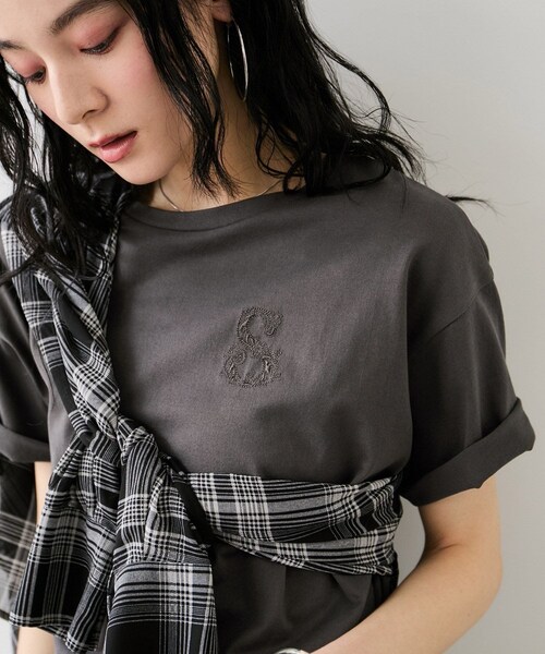 VIS(ビス)の「ボクシークロップド刺繍Tシャツ(Tシャツ/カットソー・レディース・チャコール/ホワイト/ブルー・F)」の8枚目の写真
